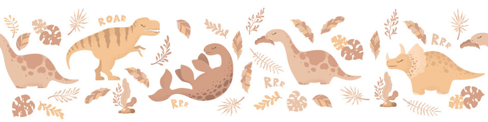 Cartoon dinosaurs seamless horizontal pattern with cute dinosaurs and plants isolated on white background. Vector illustration for print, wrapping paper, card, banner, wallpaper, nursery decoration