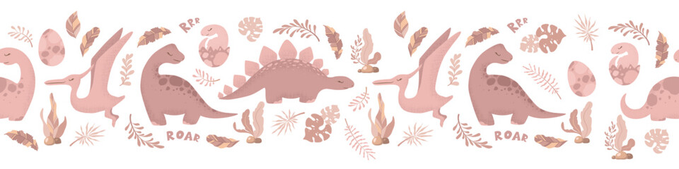 Cartoon dinosaurs seamless horizontal pattern with cute dinosaurs and plants isolated on white background. Vector illustration for print, wrapping paper, banner, card, wallpaper, nursery decoration