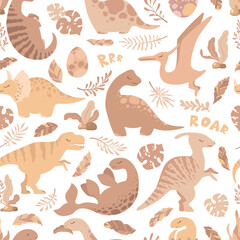 Seamless vector pattern with cute hand drawn cartoon dinosaurs, leaves and branches isolated on white background. Boho illustration for card, nursery decoration, print, wallpaper, textile