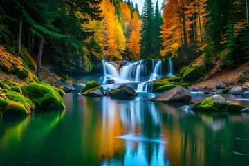 Raamstickers waterfall in autumn forest by Generated with AI technology © Muhammad