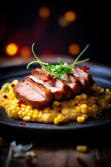 Roasted pork with brussel sprouts and arugula on top of a table