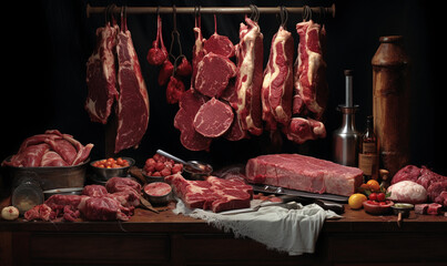 The various parts of meat are on display, in the style of realist accuracy