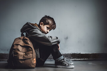 A sad young boy sitting alone on floor with his arms crossed against wall. Sad schoolboy sitting on...