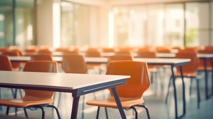 Nobody classroom, only tables and chairs.