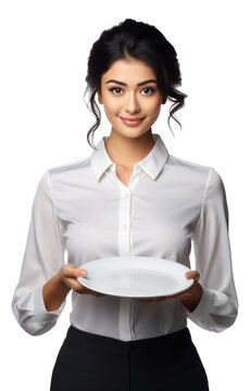 Asian woman with an empty dish in her hands isolated.