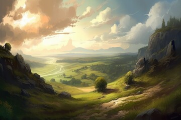 Fototapeta na wymiar Fantasy landscape with mountains and fog. Digital painting. 3d illustration