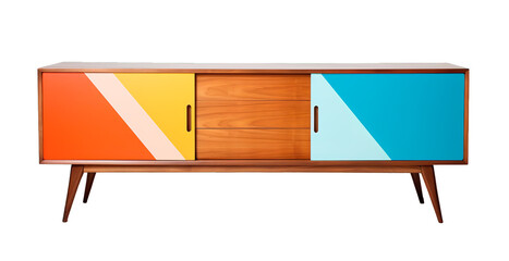 Modern mid-century furniture with vibrant colors. TV rack over isolated transparent background
