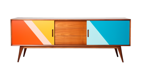 Modern mid-century furniture with vibrant colors. TV rack over isolated transparent background