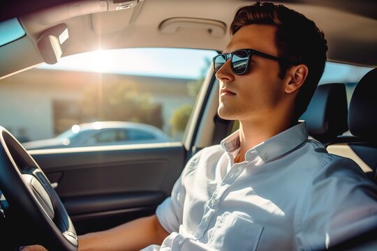 Young man wearing sunglasses driving modern new car. Interior shot