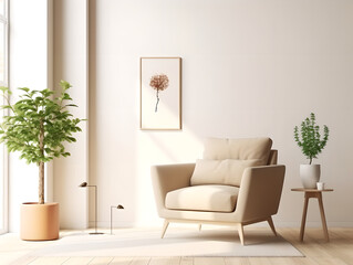 Modern minimalist interior with armchair and white wall. Minimal interior with armchair and table in living room