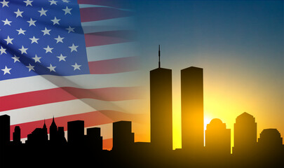 New York skyline silhouette with Twin Towers and against the sunset with USA flag. 09.11.2001 American Patriot Day banner