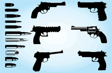Collection of pistol, revolvers and guns with bullets icon in different style and shapes. Editable vector. Stop gun violence poster and banner idea. eps 10. - obrazy, fototapety, plakaty