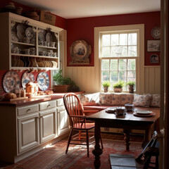 classic colonial style red and white kitchen 

