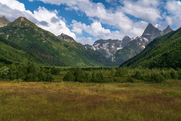 Obraz premium View of the floodplain of the Klukhor River in the northern foothills of the Caucasus Mountains near the village of Dombay on a sunny summer day, Karachay-Cherkessia, Russia