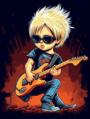 Obraz premium Young boy playing guitar in cartoon style illustration
