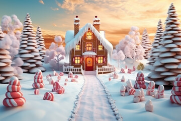 Gingerbread house in a forest of gingerbread trees. Christmas card.
