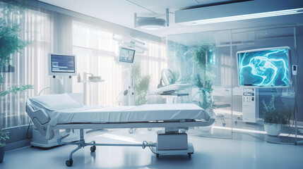 a professional medium clinic medical green space with medical equipments, green and fresh healthcare room concept