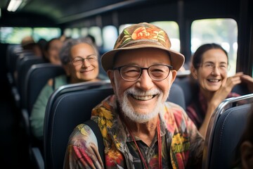 retired parents getting on the bus with a happy smile, Parents are Riding the Bus