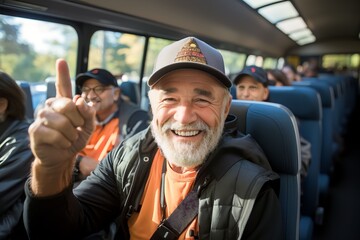 retired parents getting on the bus with a happy smile, Parents are Riding the Bus