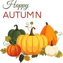 Vector illustration of pumpking pile with leaves on white backgtound. Happy autumn text