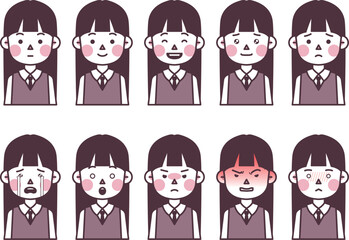 This is an illustration of a schoolgirl in uniform expressing various emotions.