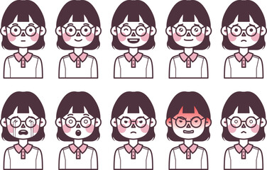 This is an illustration of a woman wearing glasses with an okappa head expressing various emotions.