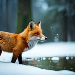 Cute fox with snow outdoors by generative AI