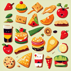 set of food and drinks