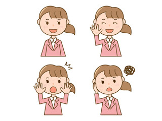 女性会社員がびっくりする_挨拶する_思い悩む_スーツ女性の4ポーズセット
