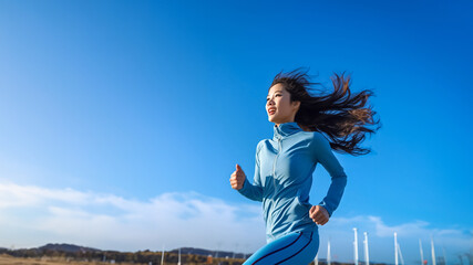 Young woman running outdoor, healthy lifestyle, and sport concepts. Fit young woman with sportswear running and enjoying a healthy outdoor. Generative AI.