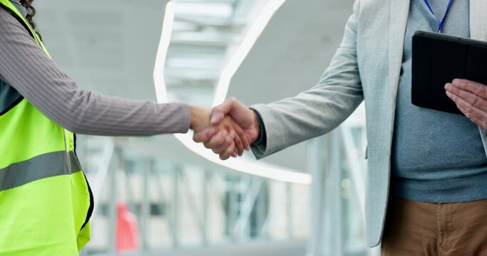 Handshake, partnership and people, deal and construction, business collaboration and architect with tablet. Engineering team, agreement and trust, support and contractor contract with shaking hands