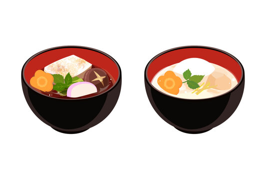 関東風と関西風のお雑煮のイラスト