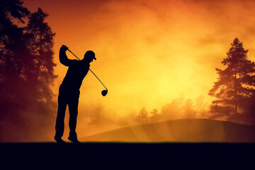 illustrated of Male golf player on professional golf course. Golfer with golf club taking a shot. Golfer hit sweeping driver after hitting golf ball down the fairway with sunrise background. Generativ