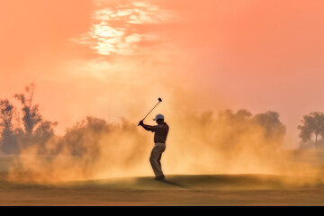 Fototapeta na wymiar illustrated of Male golf player on professional golf course. Golfer with golf club taking a shot. Golfer hit sweeping driver after hitting golf ball down the fairway with sunrise background. Generativ