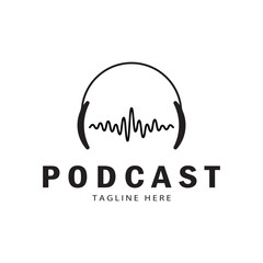 podcast logo with microphone and earphone audio, radio waves. for studio, talk show, chat, information sharing, interview, multimedia and web.