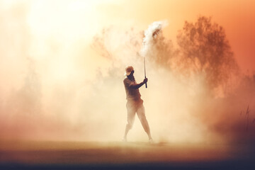 Fototapeta na wymiar illustrated of Male golf player on professional golf course. Golfer with golf club taking a shot. Golfer hit sweeping driver after hitting golf ball down the fairway with sunrise background. Generativ