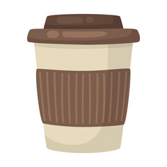 Paper cup with coffee or hot drink illustration. Cup with lid for coffee, latte or cappuccino isolated on white background. Beverage, coffee shop or break concept