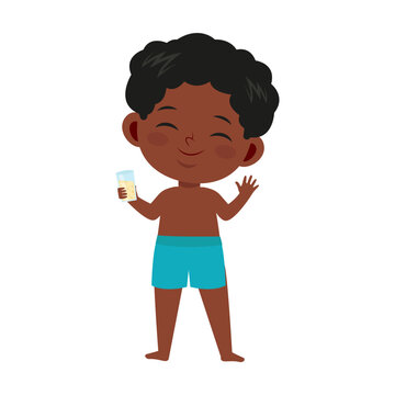 African American boy in swimwear vector illustration. Adorable kid holds glass with cool carbonated drink isolated on white background. Fashion, childhood, vacation, summer holidays concept