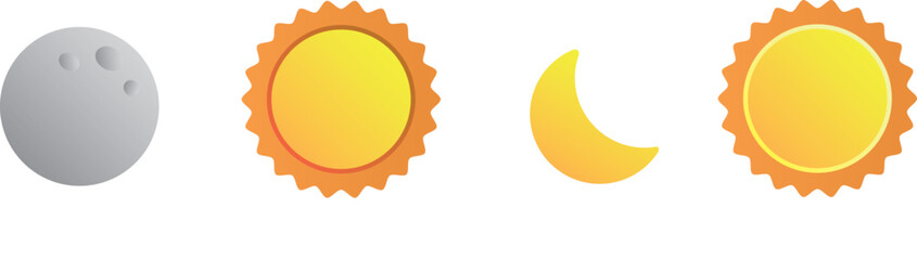 Various 3d sun and moon, crescent isolated icon. Realistic render of star and planet, full gray moon and yellow sunny. Celestial vector elements