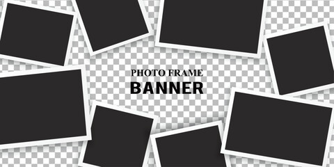 banner of empty photo frames compositions. Realistic vector mockups. Retro photo frames with shadow isolated on transparent background.