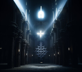 Fantasy illustration of a secret society temple interior with a religious stone symbol. Dark eerie spiritual space inside an old occult church. AI-generated