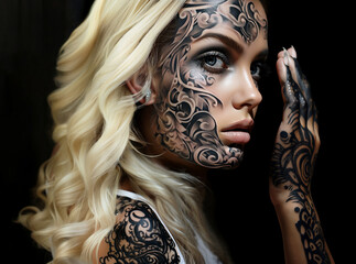 Pretty young woman face and arm covered with black floral tattoos isolated on black. Facial and body tattoo on a confident sexy Caucasian lady. AI-generated