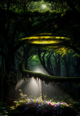 Small UFO glowing with yellow light and hovering in the forest. Round alien aircraft flying in the woods. AI-generated