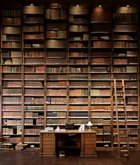 Librarian's desk in an old library. Tall bookshelves full of brown books in a study. AI-generated
