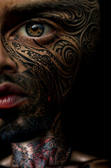 Close-up portrait of a creepy man with facial and body tattoos. Intimidating gang member covered with ornamental tattoos. AI-generated