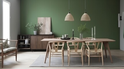 scandinavian design dining room area home design ideas creative interior space with scandinavian deciration with wooden and nature loose furniture with feature colour wall accent,ai generate - obrazy, fototapety, plakaty