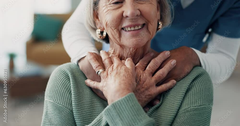 Canvas Prints Senior woman, nurse and hug for support with a smile at a nursing home in retirement. Elderly female patient with a caregiver for assisted living, healthcare or homecare and help for wellness