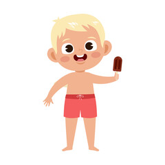 Cute boy in red swimwear vector illustration. Adorable kid holding chocolate ice cream on a stick isolated on white background. Fashion, childhood, vacation, summer holidays concept