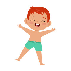 Cute redhead boy in swimwear vector illustration. Adorable kid isolated on white background. Fashion, childhood, vacation, summer holidays concept