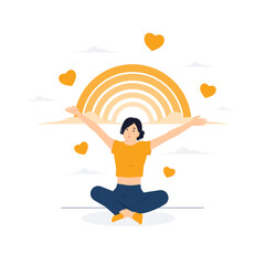 Happy young woman sit with open arms stretched out, lotus pose, the rainbow, creates good vibe, enjoys freedom life. Body positive health care concept illustration